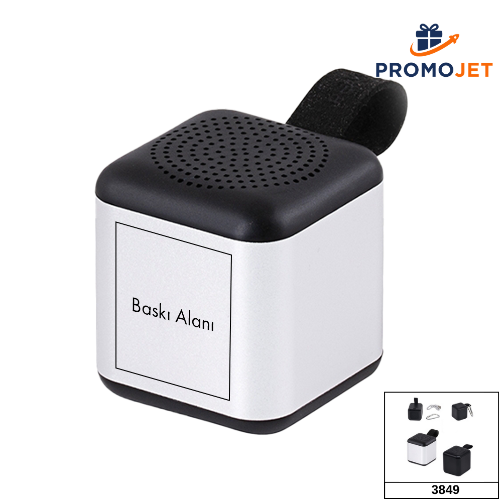 Kübik Alüminyum Gövdeli ve Karabinatör Askılı Mini Bluetooth Hoparlör
