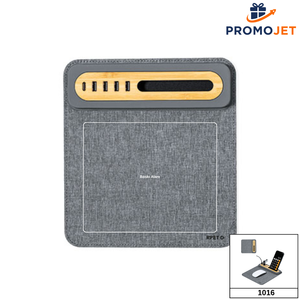 Bambu Telefon Stantlı ve USB Çoklayıcılı RPET Mousepad