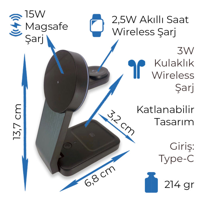 3'ü 1 Arada Katlanabilir Kablosuz Şarj Standı