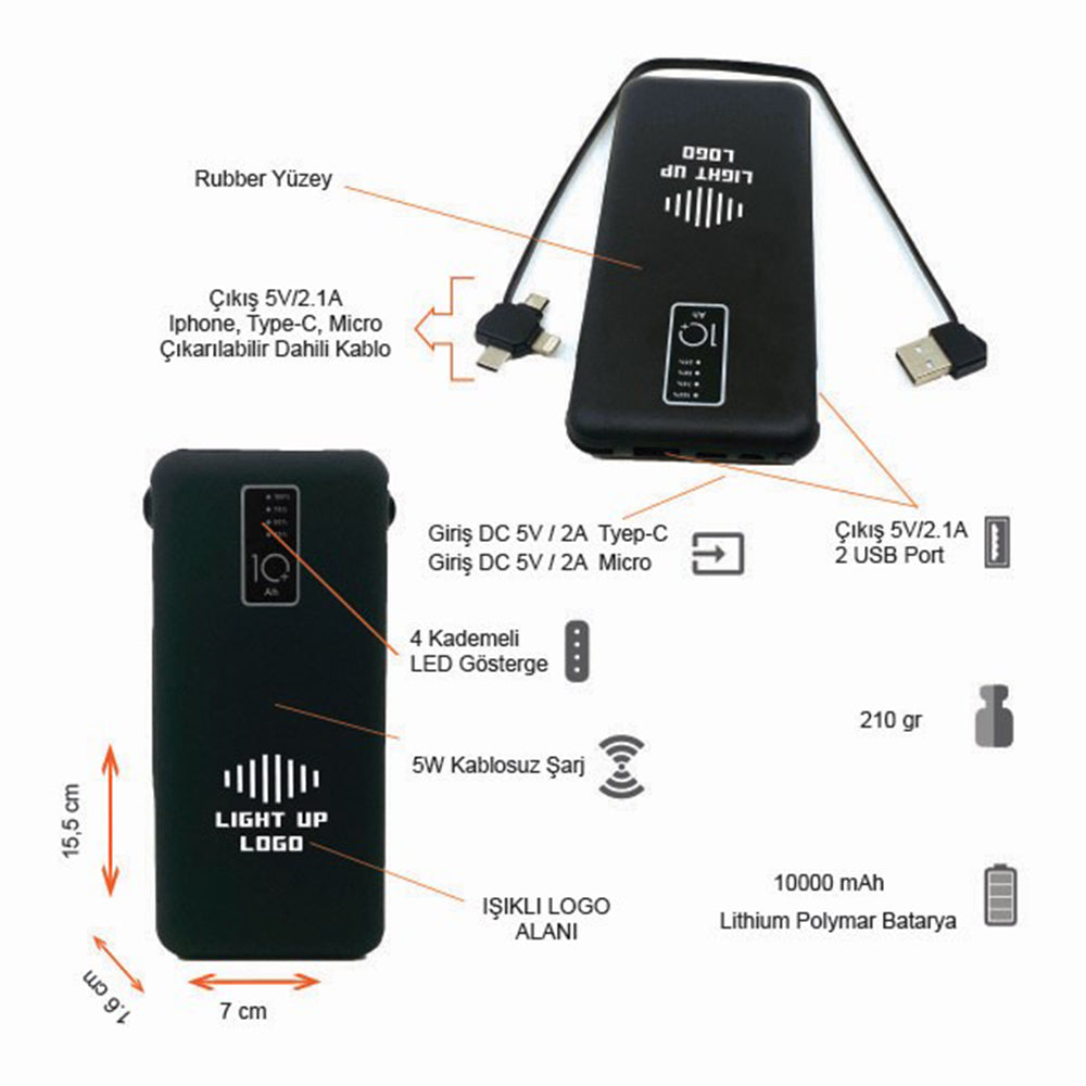 Işıklı Logo Wireless Powerbank 10000 mAh