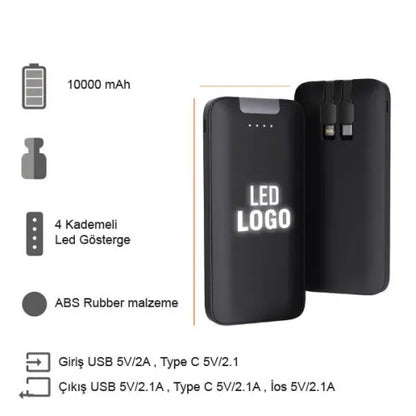 Işıklı Logo Dahili Kablolu Powerbank 10000 mAh