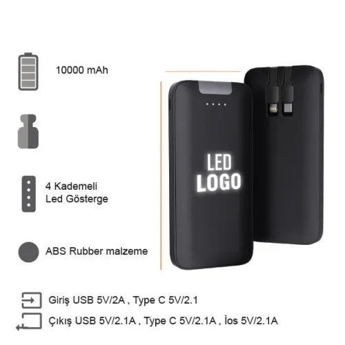 Işıklı Logo Dahili Kablolu Powerbank 10000 mAh