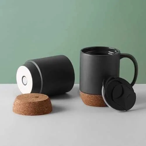 EccoTech 350 ML Siyah Renk Seramik + Mantar Altlıklı Dizayn Bardak