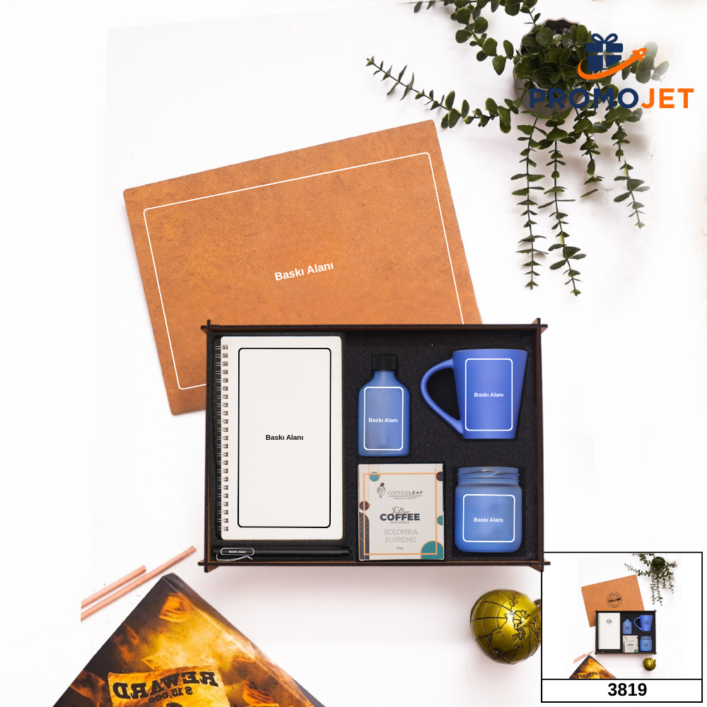 Kişiye Özel Ahşap Kutulu Hediye Seti - Latte Kupa, Ahşap Defter & Filtre Kahveli