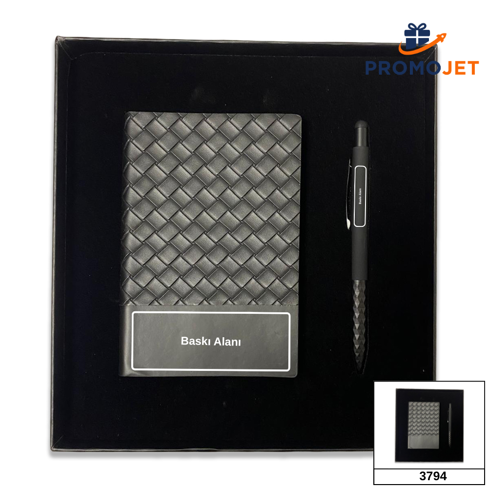 Hasır Örgü Dokulu Mini Defter ve Mat Metal Kalem VIP İkili Hediye Seti