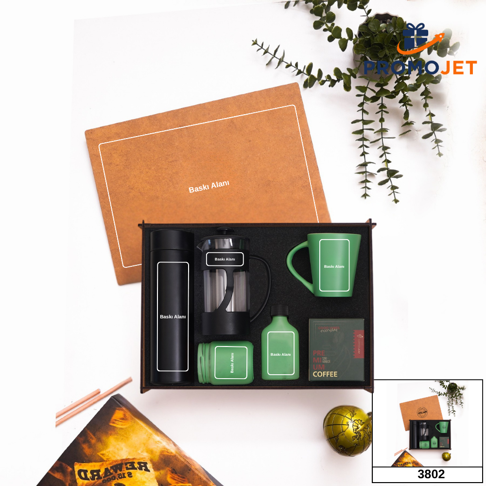 Kişiye Özel Ahşap Kutulu Hediye Seti - 450 ml Çelik Termos, French Press & Filtre Kahveli Gurme Kahve Seti