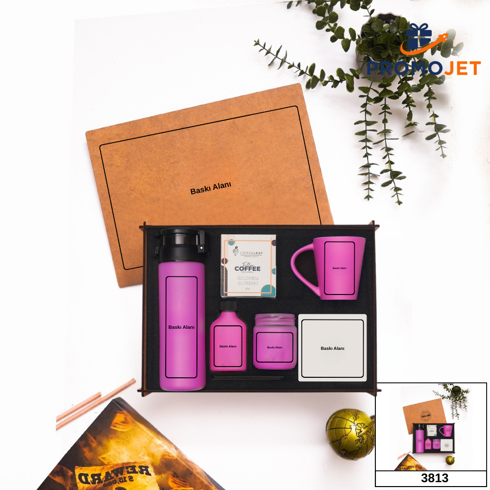 Kişiye Özel Ahşap Kutulu Hediye Seti - 550 ml Cam Suluk, Latte Kupa & Doğal Taş Altlıklı