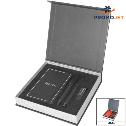Cilt Bezi Kaplama Kutulu Premium Defter, İkili Kalem ve USB Bellek Seti