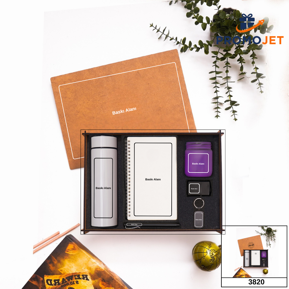 Kişiye Özel Ahşap Kutulu Hediye Seti - Çelik Termos, Defter & Benzinli Çakmaklı 7 Parça