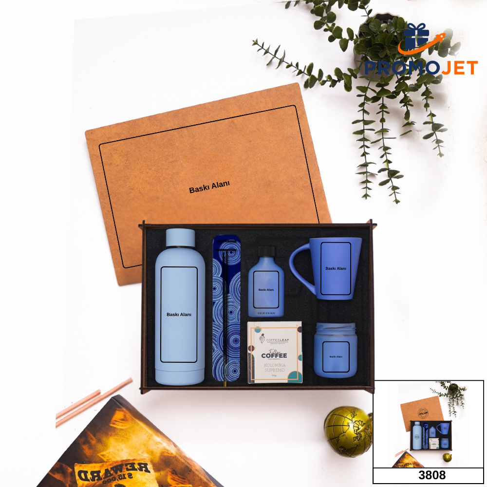 Kişiye Özel Ahşap Kutulu Hediye Seti - 450 ml Çelik Termos, Latte Kupa & Türk Kahvesi Fincanlı Karışık İçecek Seti
