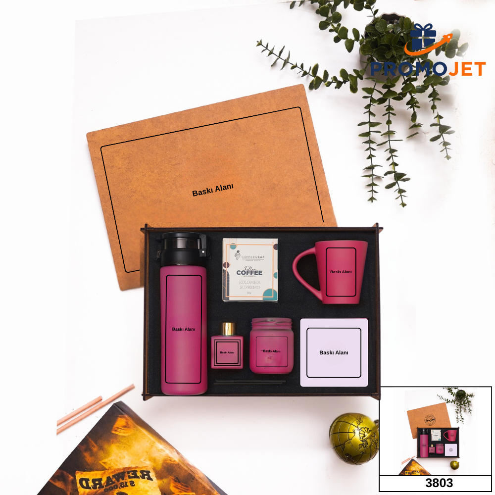 Kişiye Özel Ahşap Kutulu Hediye Seti - 550 ml Cam Suluk, Doğal Taş Bardak Altlığı & Latte Kupalı Kahve Seti