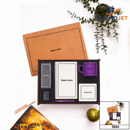 Kişiye Özel Ahşap Kutulu Hediye Seti - 10.000 mAh Metal Powerbank, Benzinli Çakmak & MDF Defterli Kurumsal Set