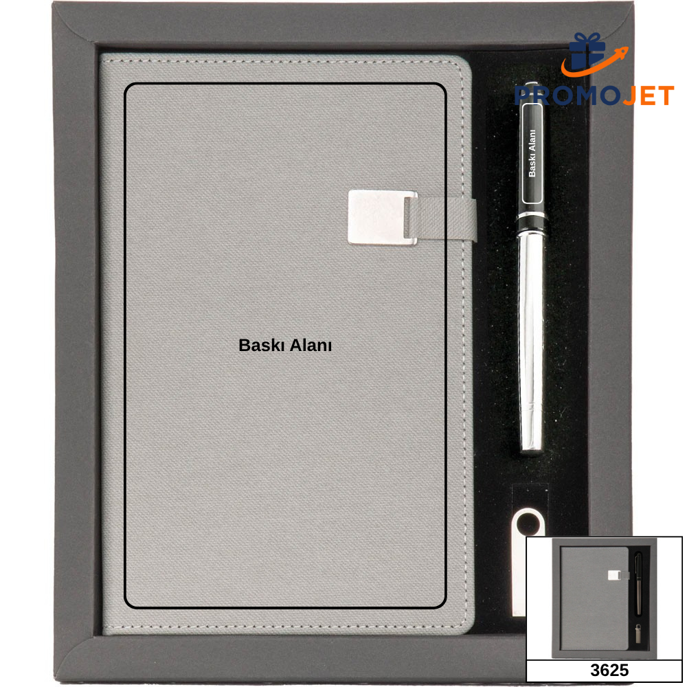 Karton Çerçeveli İnce Formlu Premium Defter, Kalem ve USB Bellek Seti