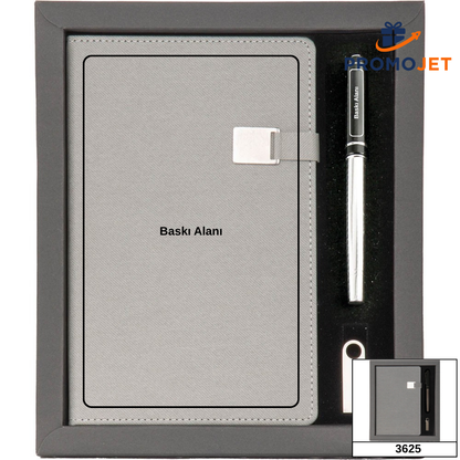 Karton Çerçeveli İnce Formlu Premium Defter, Kalem ve USB Bellek Seti