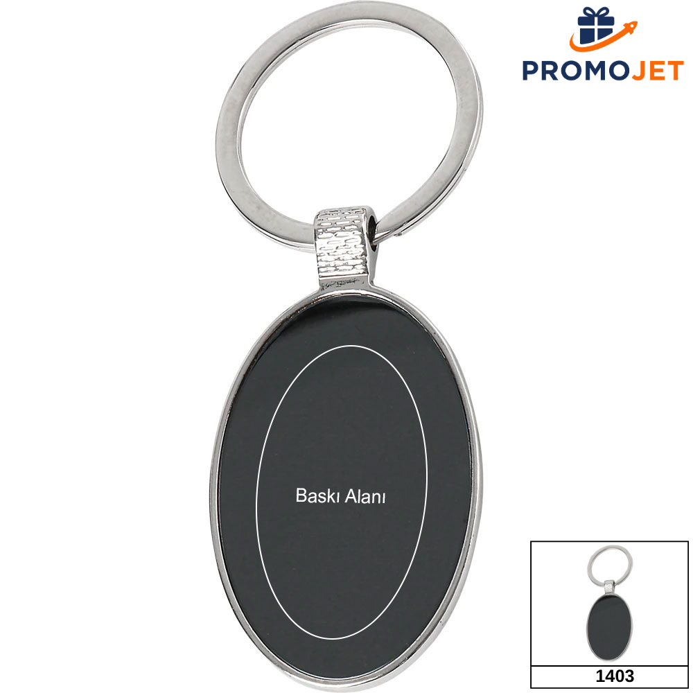 Oval Formlu Metal Anahtarlık – Mat Siyah Gövdeli ve Parlak Gümüş Çerçeveli