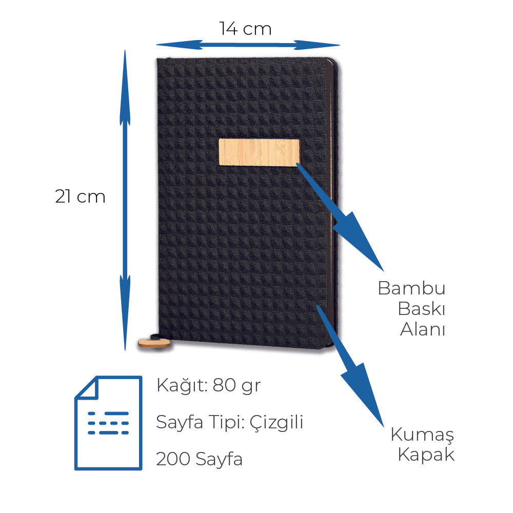 Kumaş Kapaklı Bambu Baskı Alanlı Defter