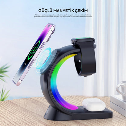 S-link Telefon, Saat ve Kulaklık Uyumlu 15W RGB Kablosuz Şarj Cihazı