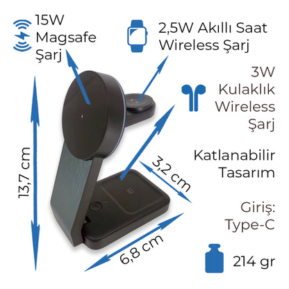 3'ü 1 Arada Katlanabilir Kablosuz Şarj Standı