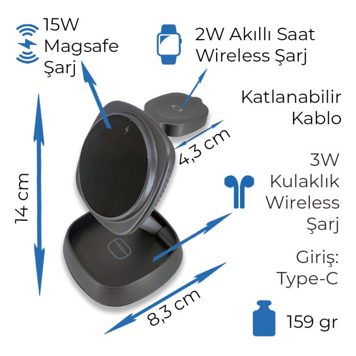 3'ü 1 Arada Katlanabilir Kablosuz Şarj Standı