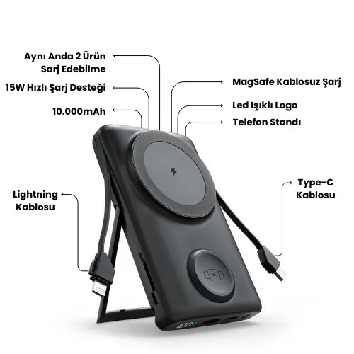 EccoTech 10.000 Mah Magsafe Stand Özellikli İçten Kablolu 15W Powerbank