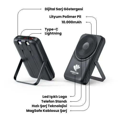 EccoTech 10.000 Mah Magsafe Stand Özellikli Led Logolu 15W Powerbank