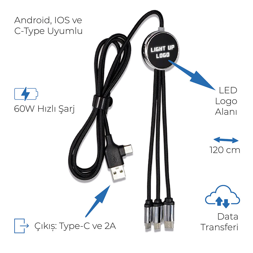 Işıklı Logo 60W Hızlı Type-C Uçlu Data Transferli Şarj Kablosu (Çantalı)