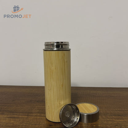 EccoTech 500 ml Süzgeçli Çift Katmanlı Vakumlu Ekolojik Bambu Kapaklı Termos