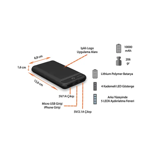 Işıklı Logo Powerbank 10000 mAh