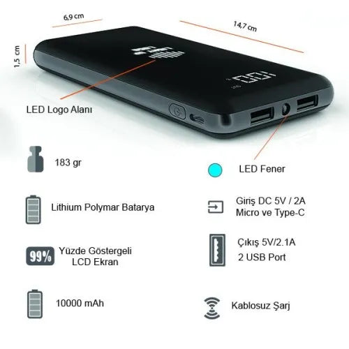 Işıklı Logo Wireless Powerbank 10000 mAh 115