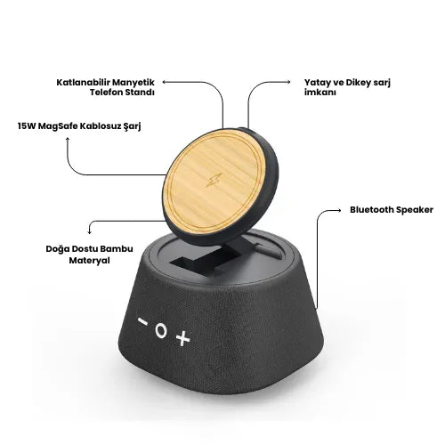 Eccotech Ekolojik Kablosuz Magsafe Sarj Cihazı+Bluetooth Hoparlör - Siyah
