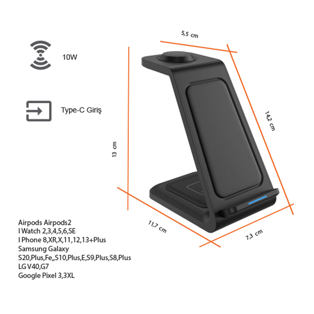 Kablosuz Şarj Standı (Telefon, Saat, Kulaklık)