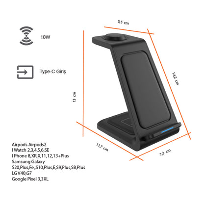 Kablosuz Şarj Standı (Telefon, Saat, Kulaklık)