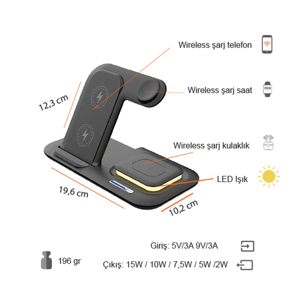 Kablosuz Şarj Standı (Telefon, Saat, Kulaklık)